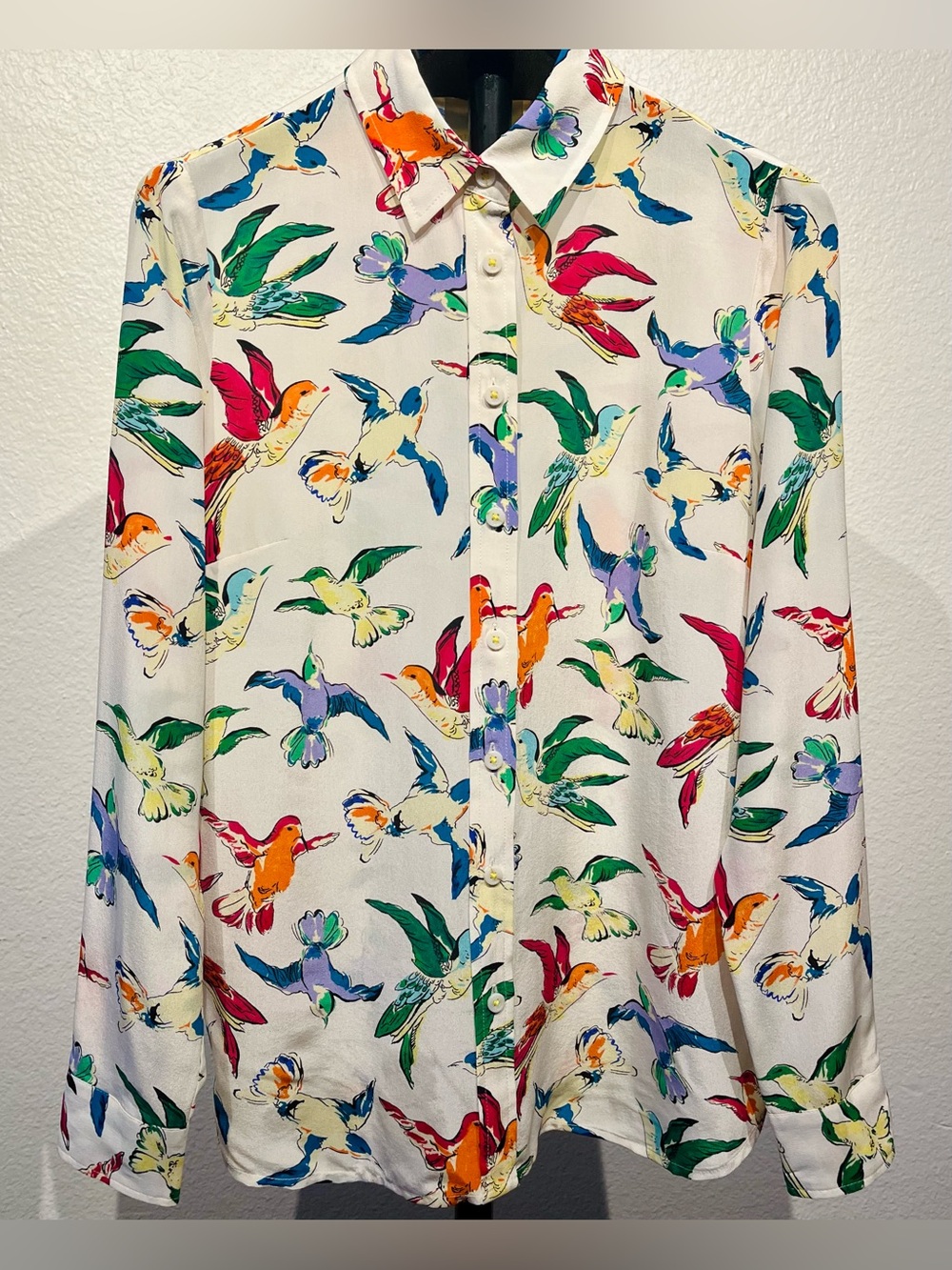 Maeve by Anthropologie Ivory Button-Down Silk Shirt with Multicolor Bird Print